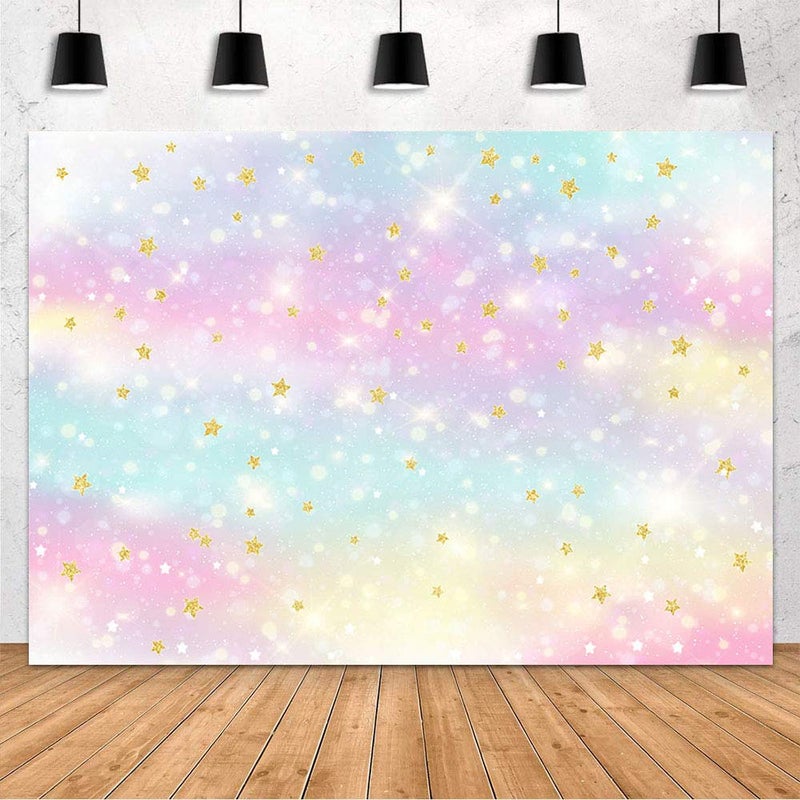 MEHOFOND Glitter Rainbow Backdrop Unicorn Birthday Party Baby Shower Decoration Glitter Gold Star Photography Background Banner Cake Table Studio Photo Smash Props 7x5ft - Image 1